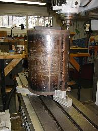  The clamping setup for the boiler was interesting - there are pipes protruding below the bottom of the boiler so we could not bolt the boiler to the table flush.  We had to use riser blocks, then add shims because the welded bottom was not smooth.